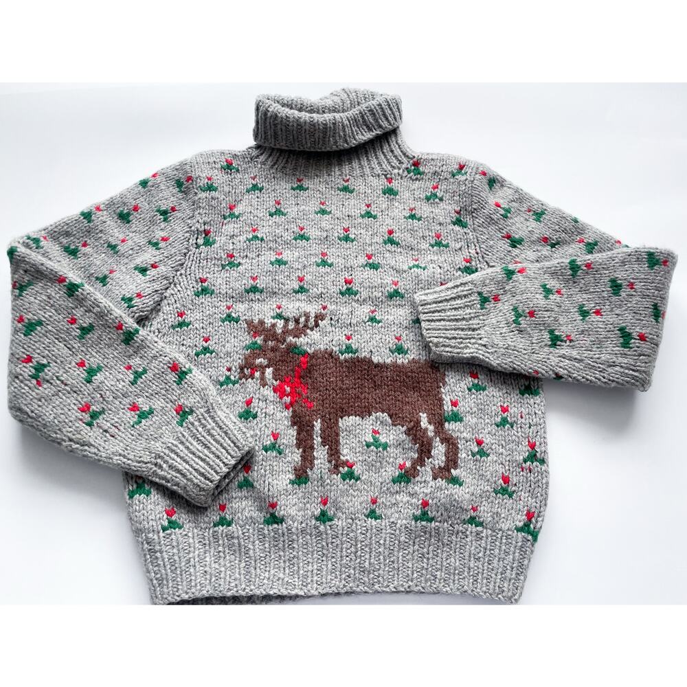 Vintage The Eagles Eye Gray Wool Moose Holiday Turtleneck Sweater Size S/M